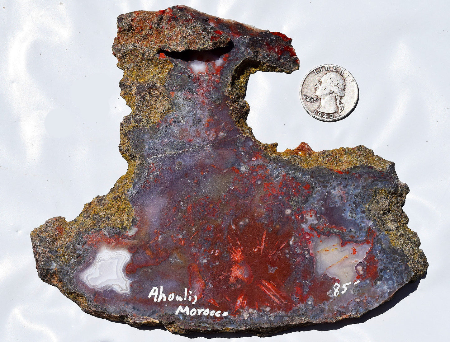 Rare, multi-colored moss agate from the Ahouli beds in Morocco.  #6
