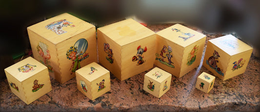 Decorator&#39;s Delight! Set of 8 wooden boxes - circa 1940 - in excellent conditions WITH DECALS!